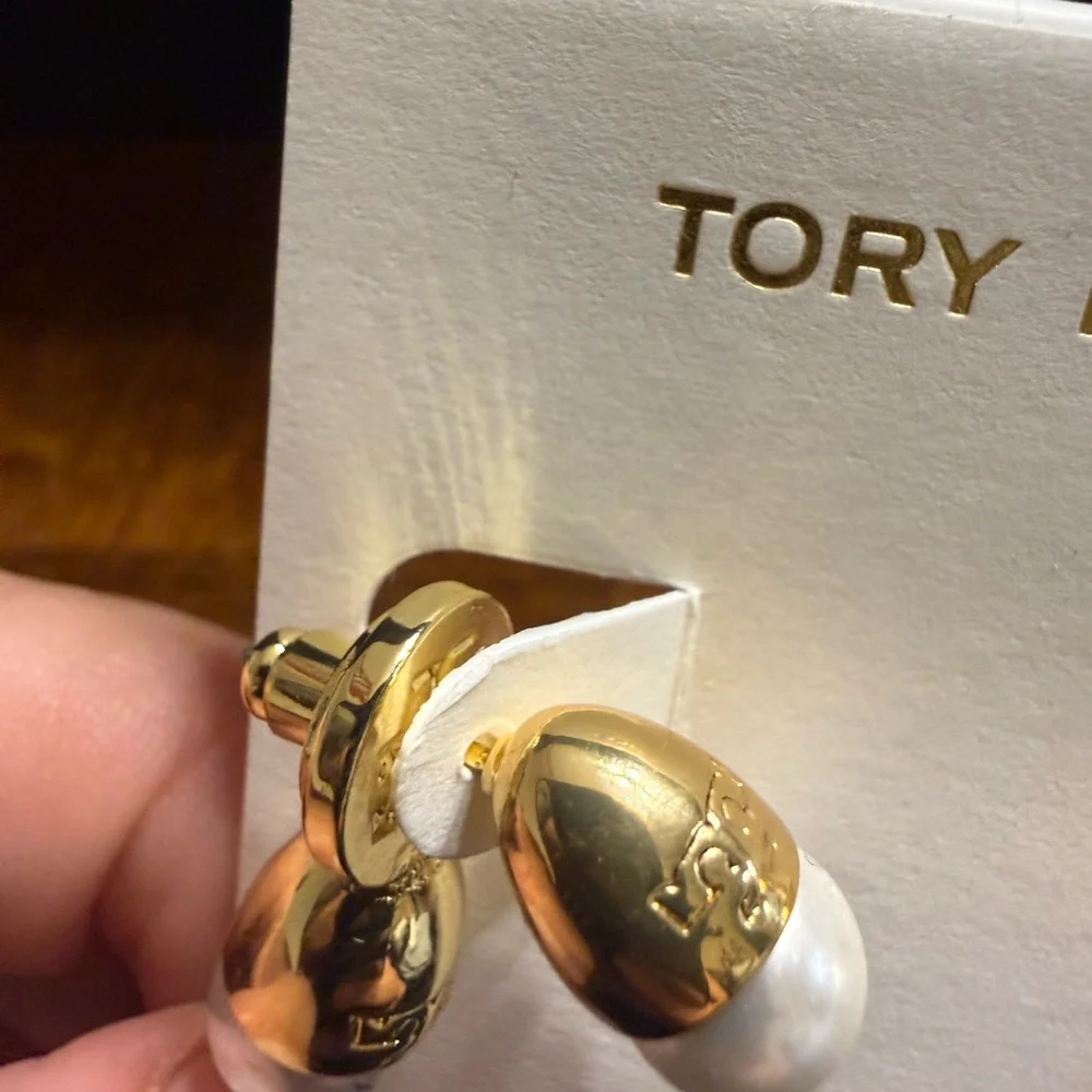 RARE Tory Burch Double Pearl Signature Logo Front and Back Brass Earrings